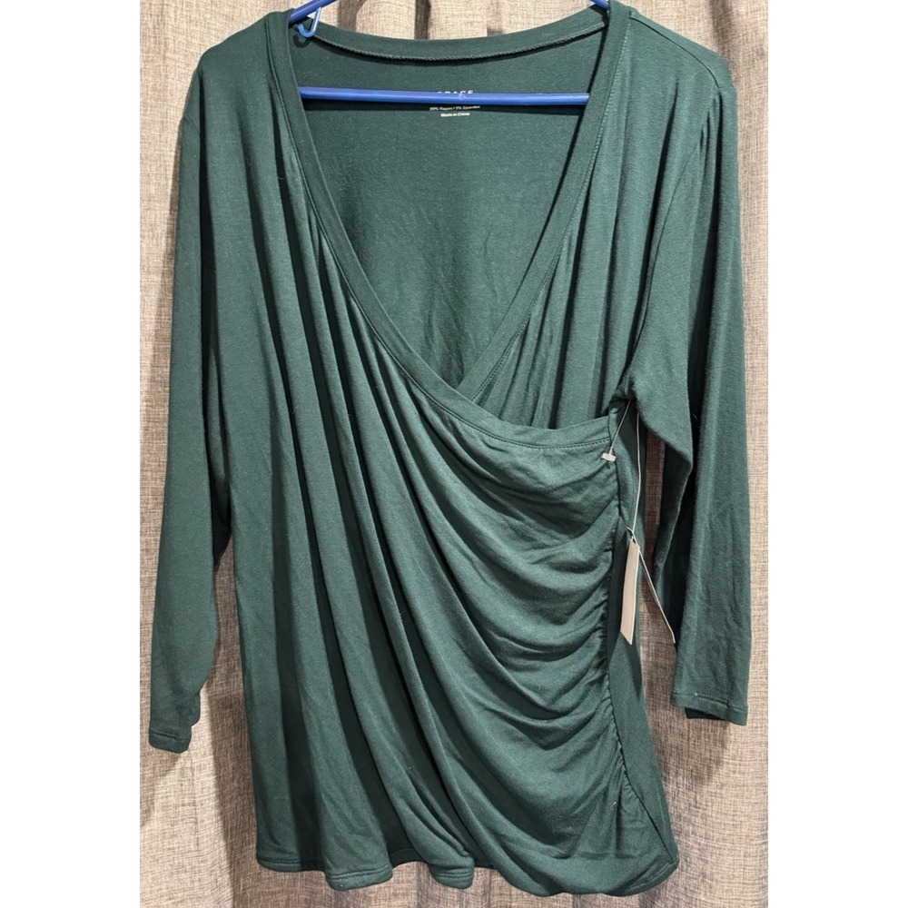 Grace Elements Top Women XL Green Ruched V-Neck 3/4 Sleeve‎ Crossover Fitted NWT